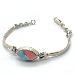 Vtg Sterling Larimar & Conch Inlayed Cabochon Marquis Setting 925 Bracelet 6.9”